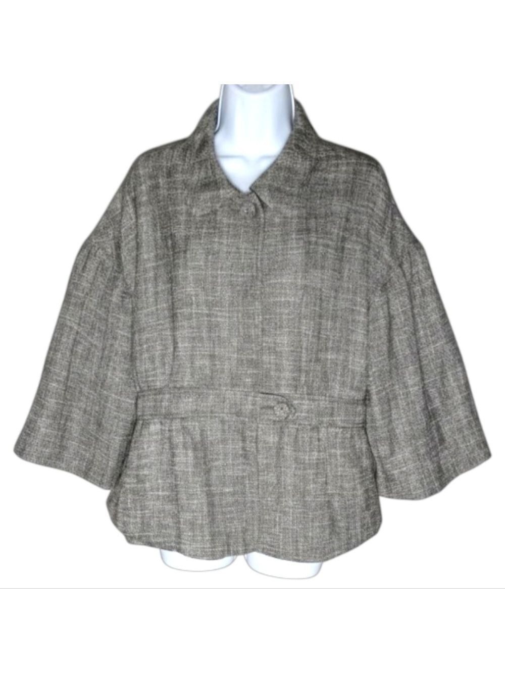 Cami Gray Tweed-Look Textured Cinched Faux Belt Waist Jacket Modern Classic Top